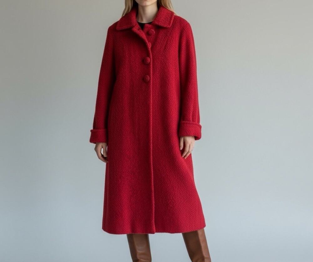 Red Wool Bouclé Coat Vintage Bedell Portland Oregon Kennie Kurl Textured Large